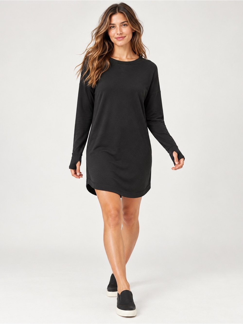 Athleta Recharge Dress Black Medium Modal Long Sleeve Thumbholes 868905